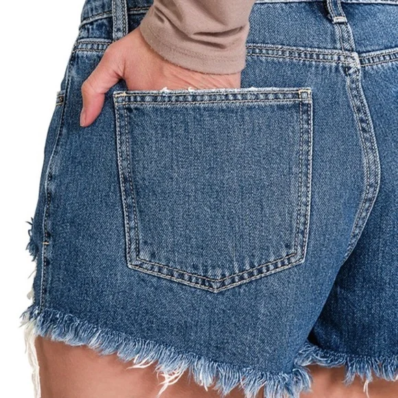 05 Boho Medium Wash Distressed Denim Shorts - Picture 6 of 6